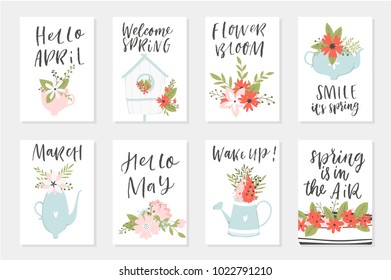 Spring card set, hand drawn elements with quotes, calligraphy, flowers, wreath, leaf. Perfect for greeting cards, sale badges, scrapbook, poster, cover, tag, invitation. Vector collection.