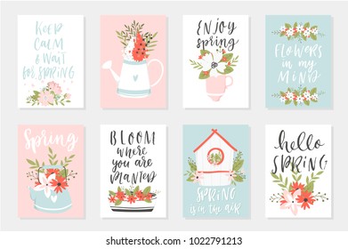 Spring card set, hand drawn elements with quotes, calligraphy, flowers, wreath, leaf. Perfect for greeting cards, sale badges, scrapbook, poster, cover, tag, invitation. Vector collection.