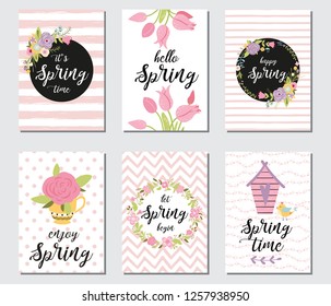 Spring card set with spring quotes, calligraphy, flowers, wreath, birds, tulips, rose, cup. Banners for greeting cards sale badges poster cover tag invitation. Hand drawn style, vector illustration.