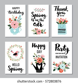 Spring card set with spring quotes, calligraphy, flowers, wreath. Perfect for greeting cards, sale badges, scrapbook, poster, cover, tag, invitation. Hand drawn style, vector illustration. 