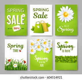 Carta de primavera con citas de primavera, flores y hierba verde. Perfecto para tarjetas de felicitación, tarjetas de venta, banners, póster, portada, etiqueta, invitación. Ilustración vectorial.
