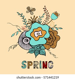 Spring card. Square frame from hand drawn flowers and leafs. Vector illustration. EPS 10