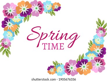 Spring card, sticker, sticker: on a white background, colorful flowers and leaves and the inscription "Spring Time".