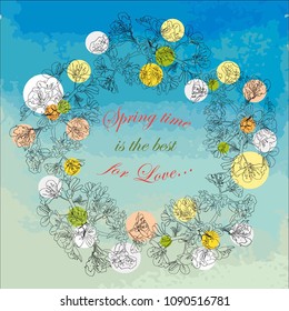 Spring card with a stilized  garland of cherry blossoms and watercolor backgraund 