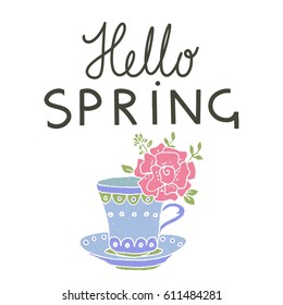 Spring card. Tea cup, flower hand drawn isolated on white background. Handwritten font, lettering