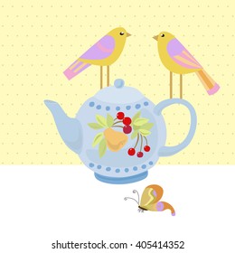 Spring card with teapot and birds. Vector illustration for design