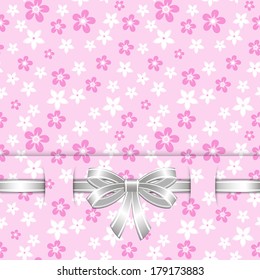 spring card template with bow on the seamless pink floral background vector