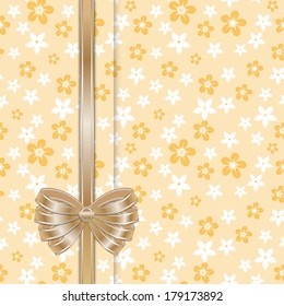 spring card template with bow on the seamless golden floral background vector