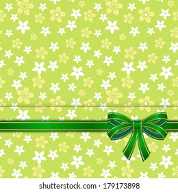spring card template with bow on the seamless green floral background vector