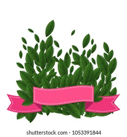 Spring card template with green leaves. Flat vector cartoon illustration. Objects isolated on white background.