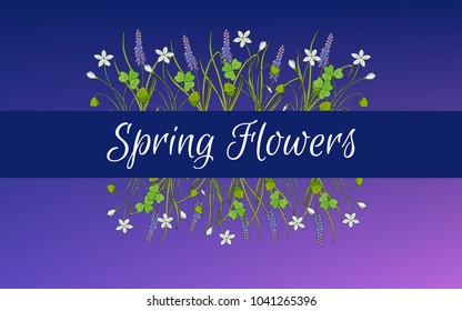 Spring card template with miscari and wood sorrel. Hand drawn vector illustration