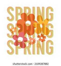 Spring Card Template With Riso Effect. Word SPRING And Flowers Over White Background. Risograph Style Vector Design.