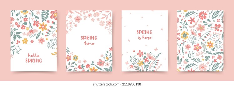 Plantillas de tarjetas de primavera con bonitas flores dibujadas a mano. Ilustración vectorial editable para tarjeta de saludo, invitación, banner, sitio web, publicación en medios sociales e historias