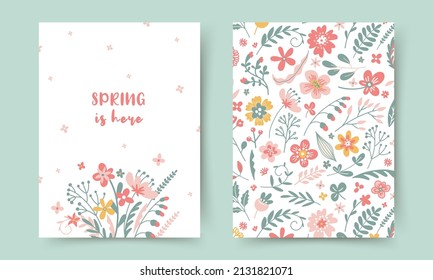 Plantillas de tarjetas de primavera con bonitas flores dibujadas a mano. Ilustración vectorial editable para tarjeta de saludo, invitación, banner, sitio web, publicación en medios sociales e historias