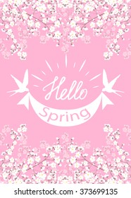 Spring card with text Hello Spring and blooming tree branches