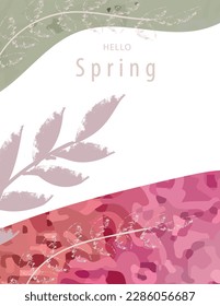 Tarjeta primaveral con hojas texturadas, ramas y elementos texturados rosa y verde, plantilla para una invitación, texto, menú, afiche.