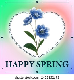 Frühlingskarte mit trendigem Farbverlauf und Typografie. Social Media-Post-Vorlage mit Frühlingsblume mit Halbtoneffekt im Retro-Collage-Stil.