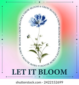 Spring card with trendy gradient and typography. Social media post template with spring flower with halftone effect in retro collage style.