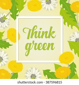 Spring card with trendy white frame and dandelion on pastel background. Perfect for spring holidays, seasonal greetings, birthday, wedding. Vector illustration. Calligraphic text message