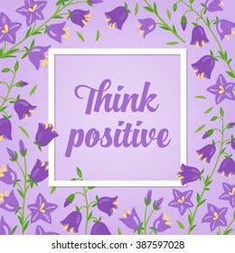 Spring card with trendy white frame and bellflower on pastel background. Perfect for spring holidays, seasonal greetings, birthday, wedding. Vector illustration. Calligraphic text message