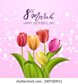 Spring card with tulip flowers on sparkle pink background. 8 march. Womens day. Vector illustration EPS10