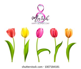 Spring card with tulip flowers on white background. 8 march. Womens day. Vector illustration EPS10