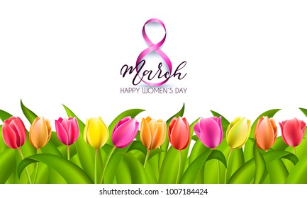 Spring card with tulip flowers on white background. 8 march. Womens day. Vector illustration EPS10