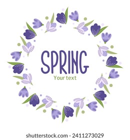 Spring card with tulips. Decorative round frame. Design elements for invitations, banner, sale, label, scrapbooking.