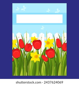 Spring card with tulips and fence. Vector illustration in flat style