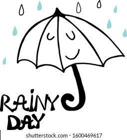 Spring card - umbrella, rain drops and lettering rainy day. Hand draw Doodle illustration. Kids spring and autumn style. Good poster for print