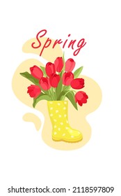 spring card in vector red tulips in a yellow boot in a white flower, for women's day, spring holiday, march