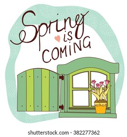 Spring card with vintage window and tulips in the pot. Hand lettering.