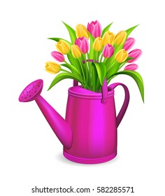 Spring card with watering can and colorful tulips bouquet. Vector illustration.