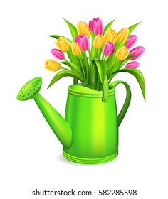 Spring card with watering can and colorful tulips bouquet. Vector illustration.