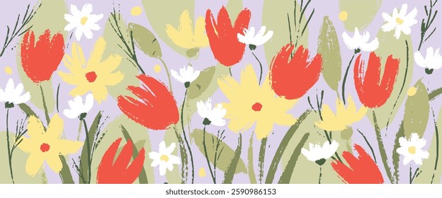 Spring card, web banner, or horizontal poster for spring and summer holidays with a cute floral pattern, brushstroke dots, and lines in pastel colors, perfect for Easter, or Mother's Day greetings.