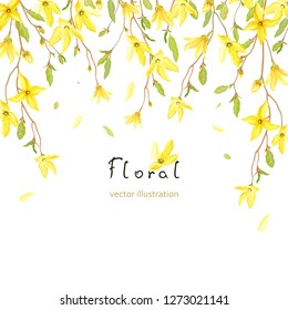 Spring Card For Your Text With Blossoming Yellow Flowers And Green Leaves On Branches Forsythia. Vector Tender Background In Watercolor Style.