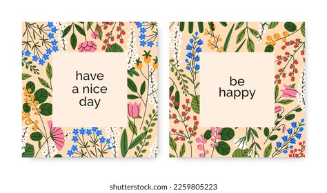 Spring cards with blooming flowers. Square-shaped background, floral botanical frame with field summer herbs, meadow herbal plants, beautiful delicate wildflowers. Colorful flat vector illustrations