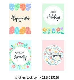 Tarjetas de primavera con flores y hierbas. Establece postales de saludo con letras. Plantilla de flores y vegetación. Ilustración vectorial de la primavera