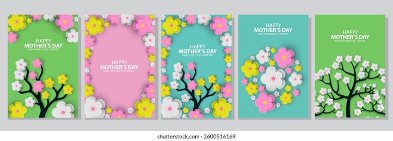 Spring cards poster and banner. flyers for decoration spring events, Mother's Day, Easter. Beautiful spring posters with paper cut flowers, narcissus, daisies flowers. Concept of trendy spring cover.