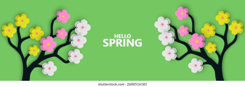 Spring cards poster and banner. flyers for decoration spring events, Mother's Day, Easter. Beautiful spring posters with paper cut flowers, narcissus, daisies flowers. Concept of trendy spring cover.