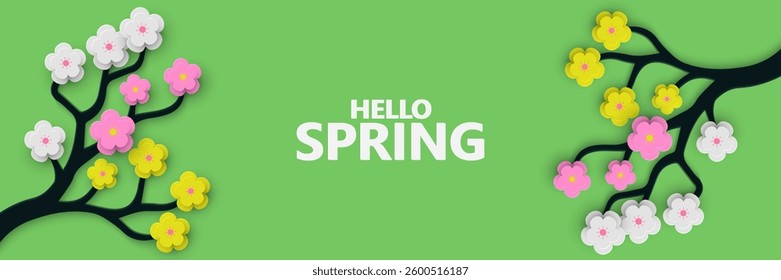 Spring cards poster and banner. flyers for decoration spring events, Mother's Day, Easter. Beautiful spring posters with paper cut flowers, narcissus, daisies flowers. Concept of trendy spring cover.