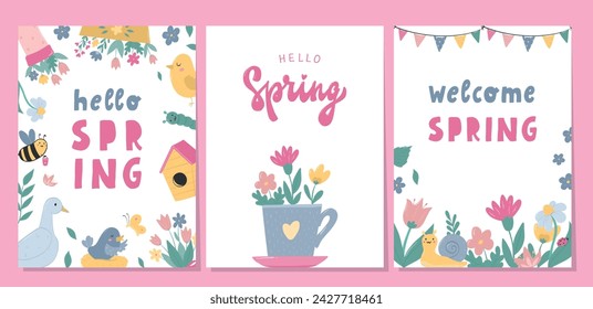 Spring cards, posters, prints, invitations with doodles and lettering quotes. Spring flowers, cartoon elements, templates, etc. EPS 10