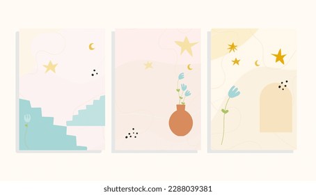 spring cards set with flowers, stars, crescent moon, stairs, arch , mid-century modern vector template