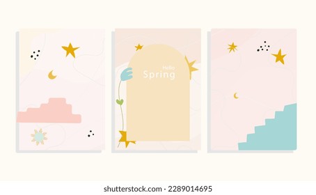 spring cards set with flowers, stars, crescent moon, stairs, arch , mid-century modern vector template