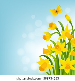 Spring Cart With Narcissus With Gradient Mesh, Vector Illustration