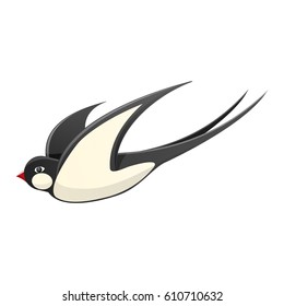 Spring cartoon black and white swallow with red beak in motion isolated on white background. Bird spread wings and fly vector illustration. Symbol of beginning of spring and warm sunny weather.