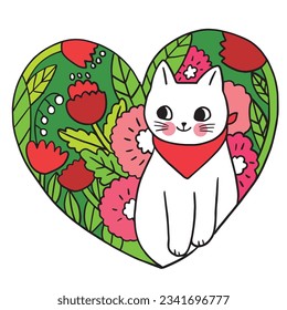 Spring cartoon cute cat and flower vector.