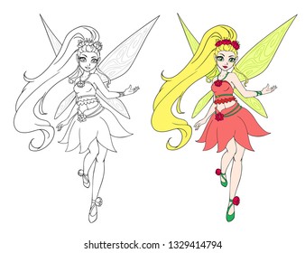 Spring cartoon fairy girl flies. Outlined for coloring book isolated on a white background. Hand drawn doodle illustration. 
