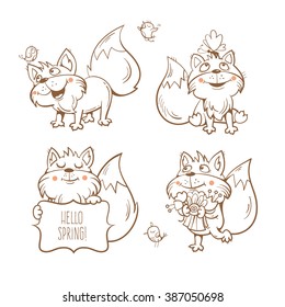Spring cartoon funny fox set. Flowers, butterflies and birds. Vector image. Collection for kids. Outline drawing with white fill.