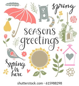 Spring cartoon icons set hand drawn isolated on white background. Handwritten text, lettering